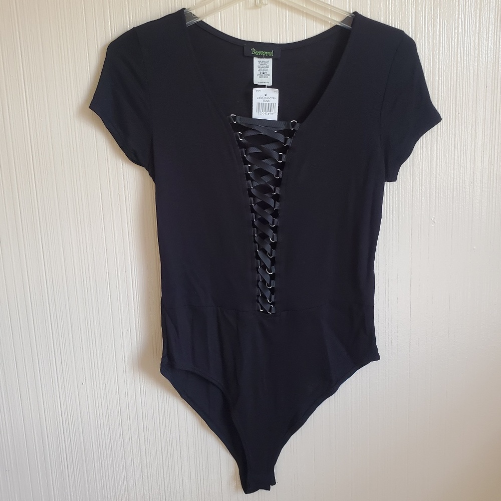Beware! | Black Lace-Up Hooked Bodysuit